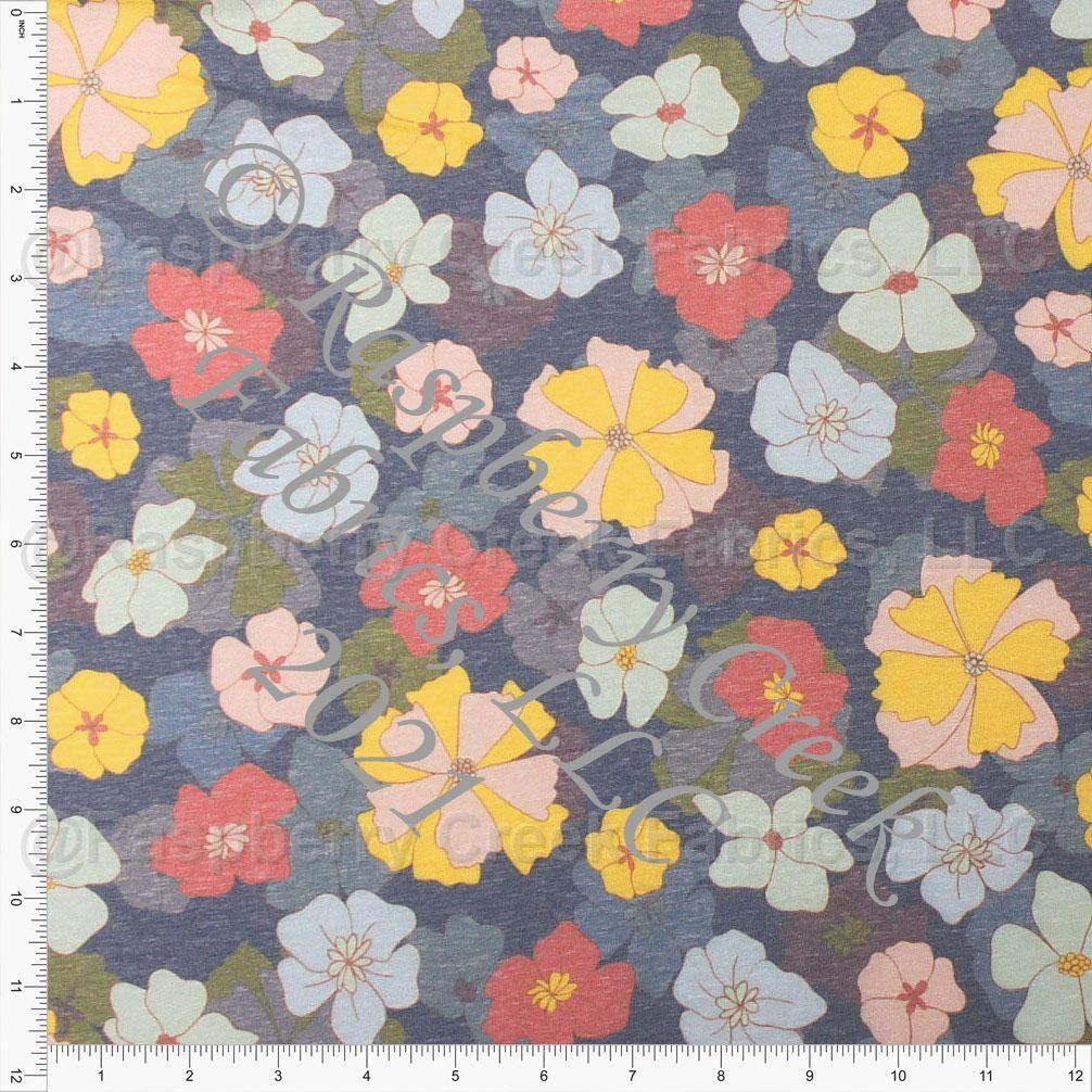 Navy Yellow Mint Pink and Olive Heathered Floral Tri-Blend Jersey Knit Fabric, By Emily Ferguson for CLUB Fabrics