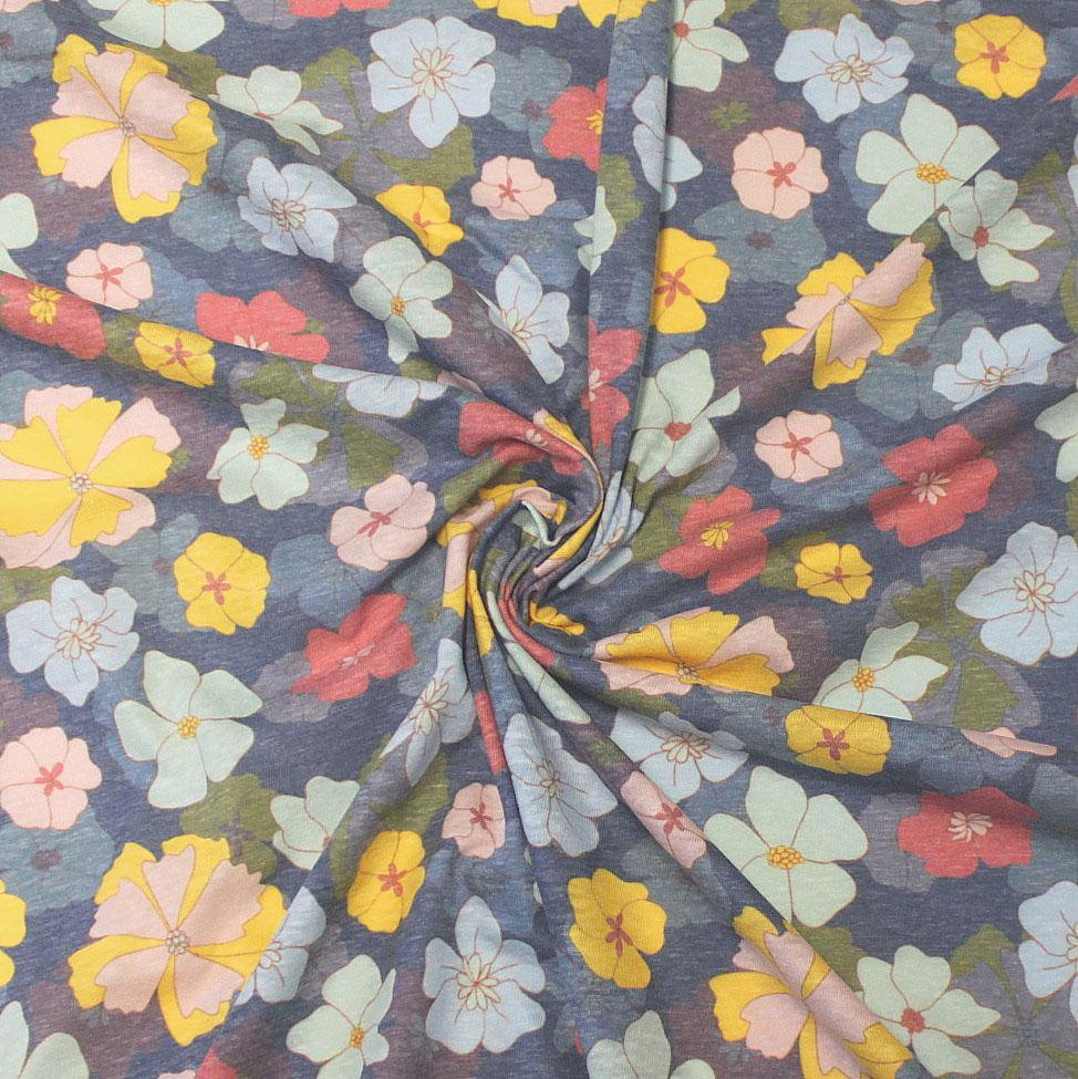 Navy Yellow Mint Pink and Olive Heathered Floral Tri-Blend Jersey Knit Fabric, By Emily Ferguson for CLUB Fabrics