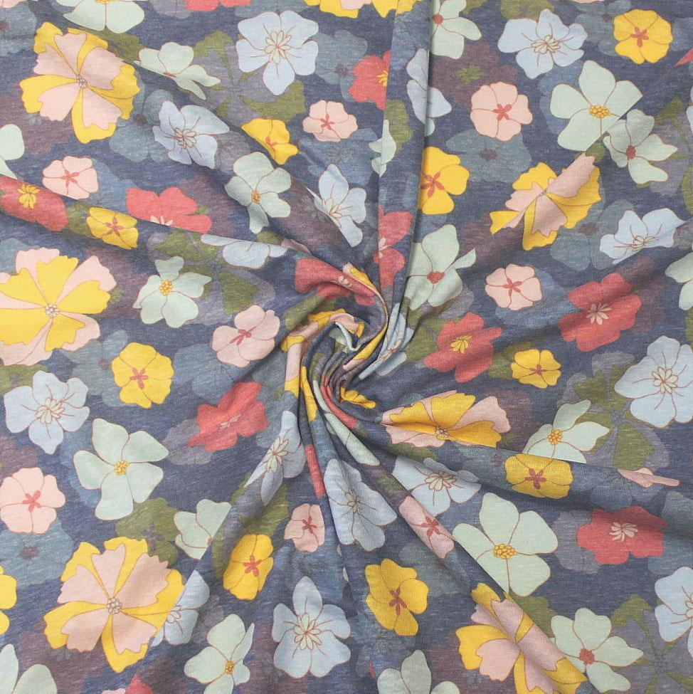 Navy Yellow Mint Pink and Olive Heathered Floral Tri-Blend Jersey Knit Fabric, By Emily Ferguson for CLUB Fabrics Fabric, Raspberry Creek Fabrics