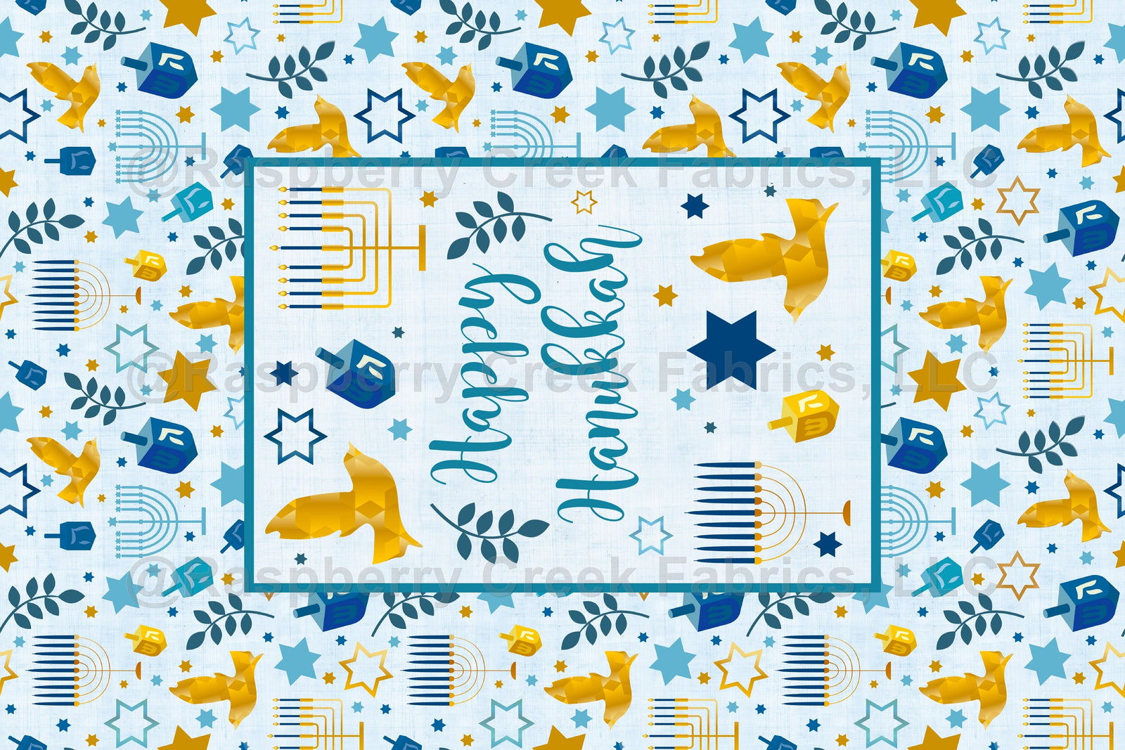 Happy Hanukkah Panel on Blue Fabric, Raspberry Creek Fabrics, watermarked