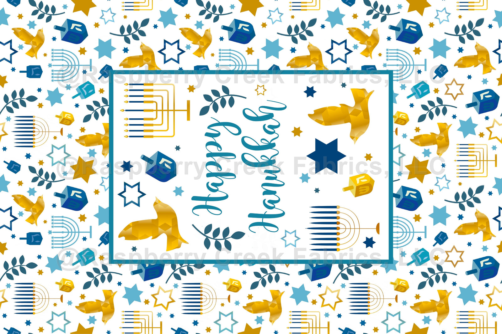 Happy Hanukkah Panel on White Fabric, Raspberry Creek Fabrics, watermarked