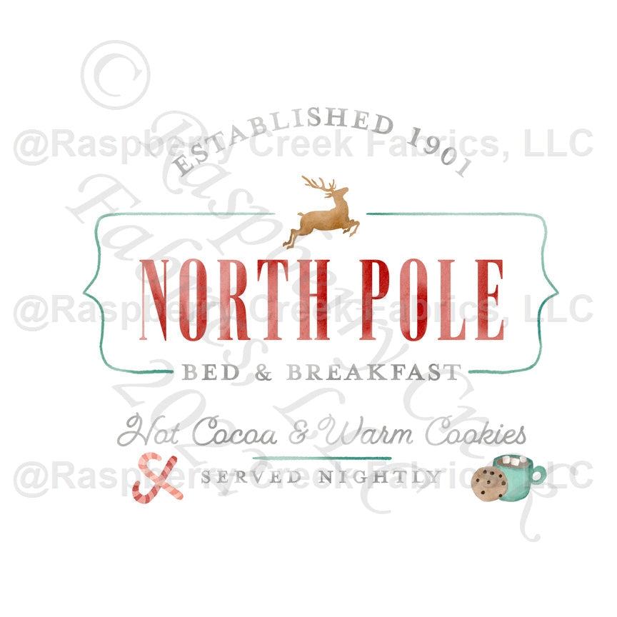 Red Kelly Green Teal and Grey North Pole Bed and Breakfast Panel, Christmas Panels By Brittney Laidlaw for CLUB Fabrics Fabric, Raspberry Creek Fabrics, watermarked