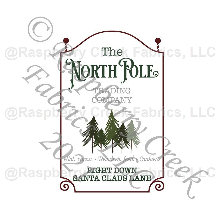 Hunter Green Burgundy and Grey North Pole Trading Compnay Panel, Christmas Panels by Brittney Laidlaw for Club Fabrics Fabric, Raspberry Creek Fabrics, watermarked
