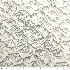 Charcoal Geometric Mountain Print on Oatmeal 4 Way Stretch French Terry Knit Fabric Fabric, Raspberry Creek Fabrics, watermarked, restored