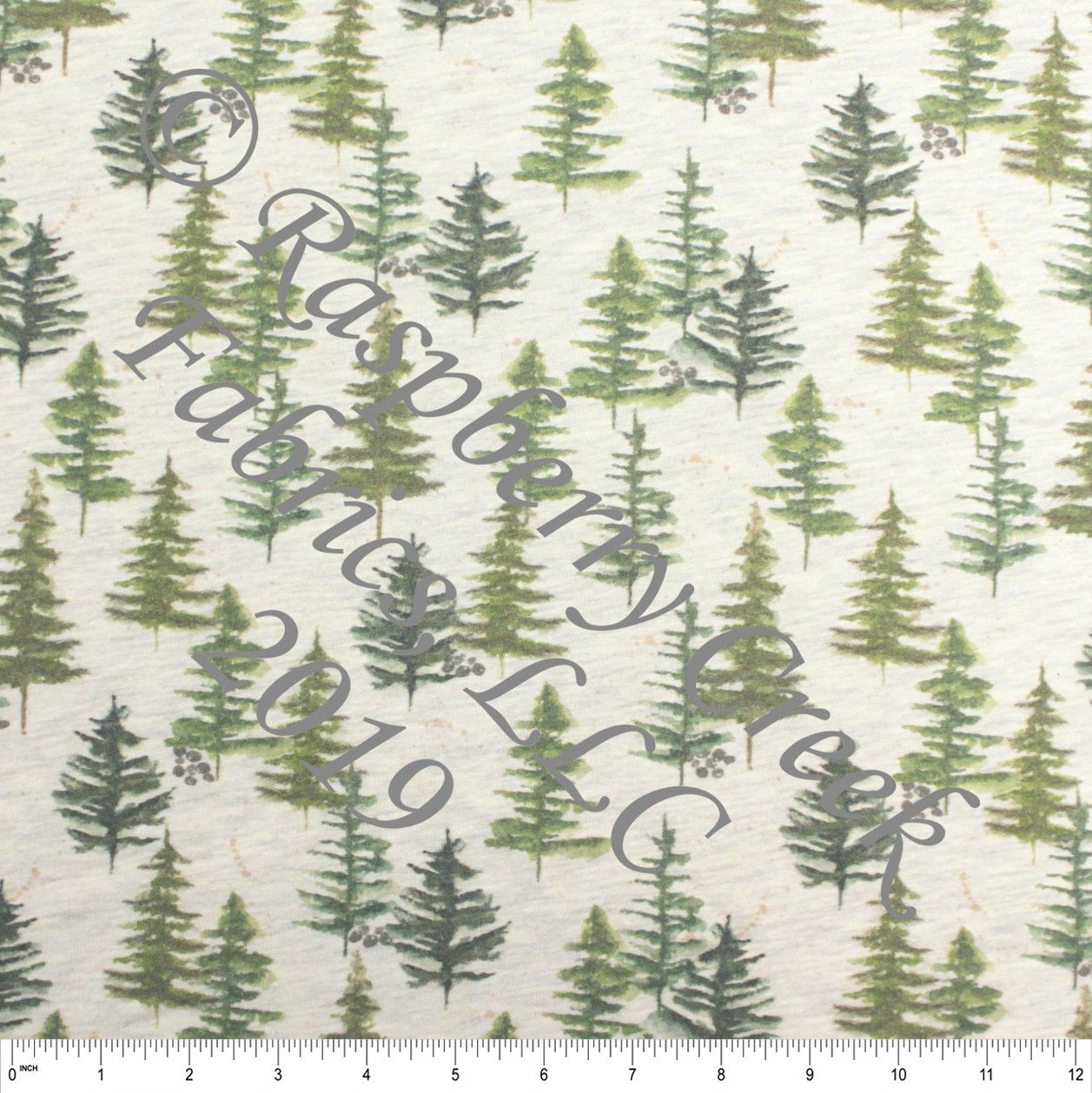 Tonal Green Pine Tree Print on Oatmeal 4 Way Stretch French Terry Knit Fabric Fabric, Raspberry Creek Fabrics, watermarked, restored