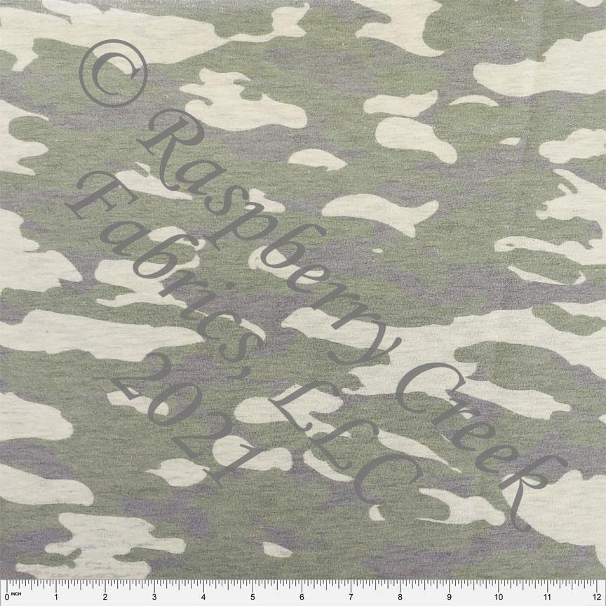 Olive Green and Grey Faded Look Camouflage on Oatmeal 4 Way Stretch French Terry Knit Fabric Fabric, Raspberry Creek Fabrics, watermarked, restored