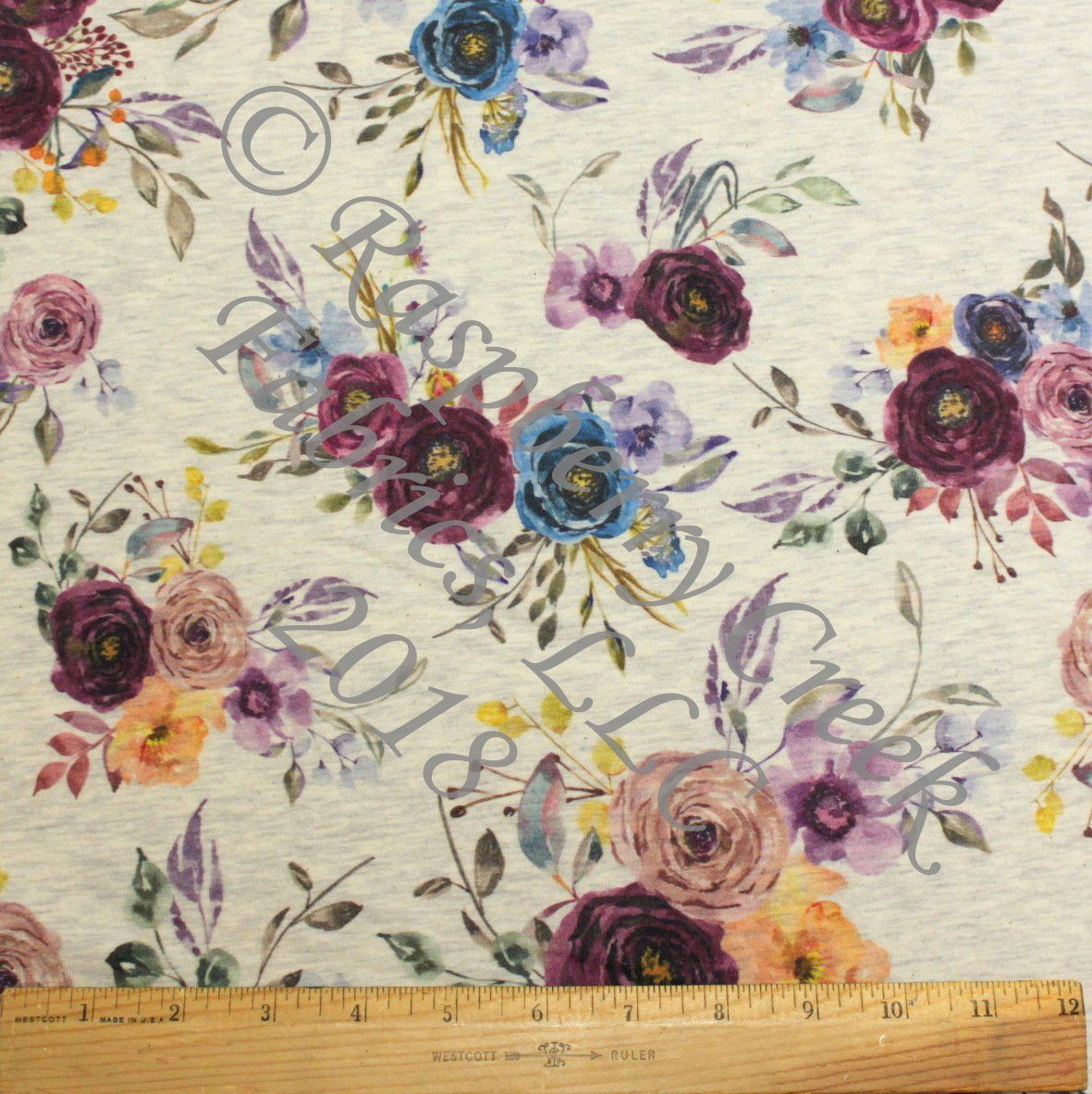 Eggplant Mauve Olive Blue and Peach Watercolor Floral on Oatmeal 4 Way Stretch French Terry Knit Fabric Fabric, Raspberry Creek Fabrics, watermarked, restored