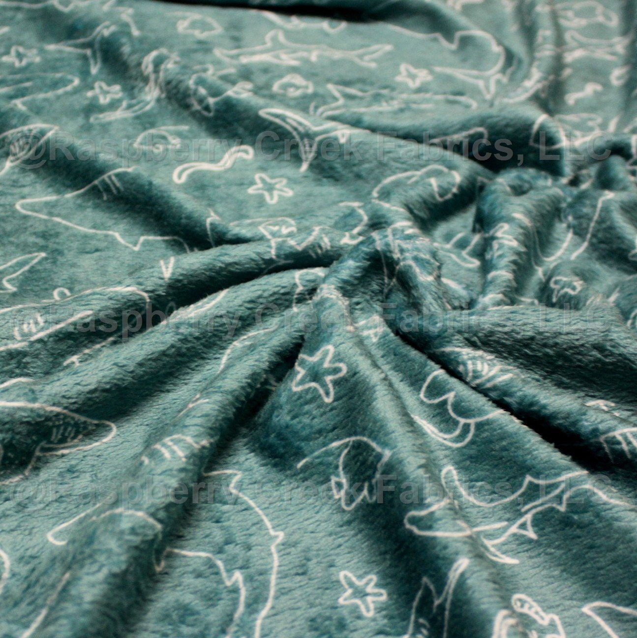 Sea Green and White Line Drawn Shark Minky Cuddle Fabric, By Brittney Laidlaw for CLUB Fabrics Fabric, Raspberry Creek Fabrics, watermarked