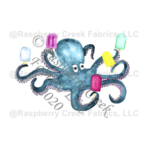 Teal Fuchsia Lilac Navy and Light Blue Octopus Popsicle Panel, Summer Treats By Brittney Laidlaw for Club Fabrics Fabric, Raspberry Creek Fabrics, watermarked