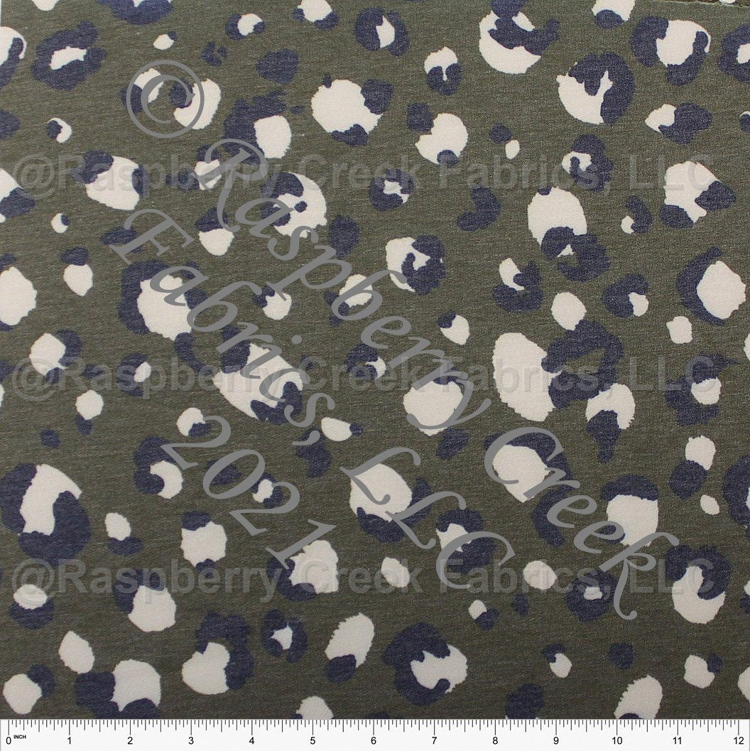 Olive Navy and Cream Leopard Heathered FLEECE Sweatshirt Knit Fabric, CLUB Fabrics Fabric, Raspberry Creek Fabrics, watermarked