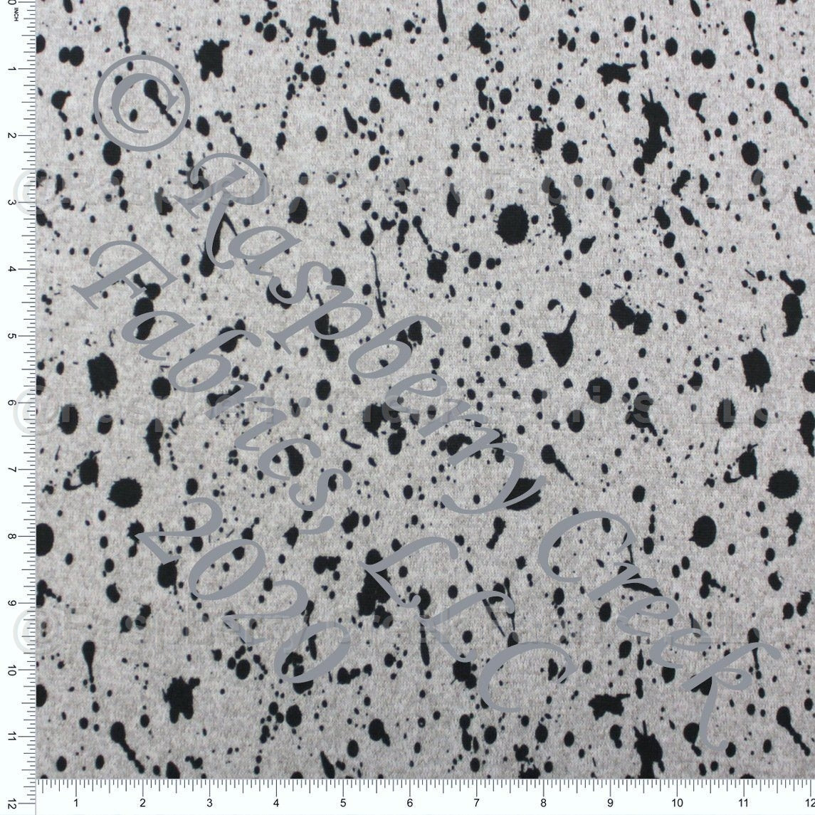 Black and Heathered Grey Paint Splatter Brushed Heathered Hacci Sweater Knit Fabric, CLUB Fabrics Fabric, Raspberry Creek Fabrics, watermarked