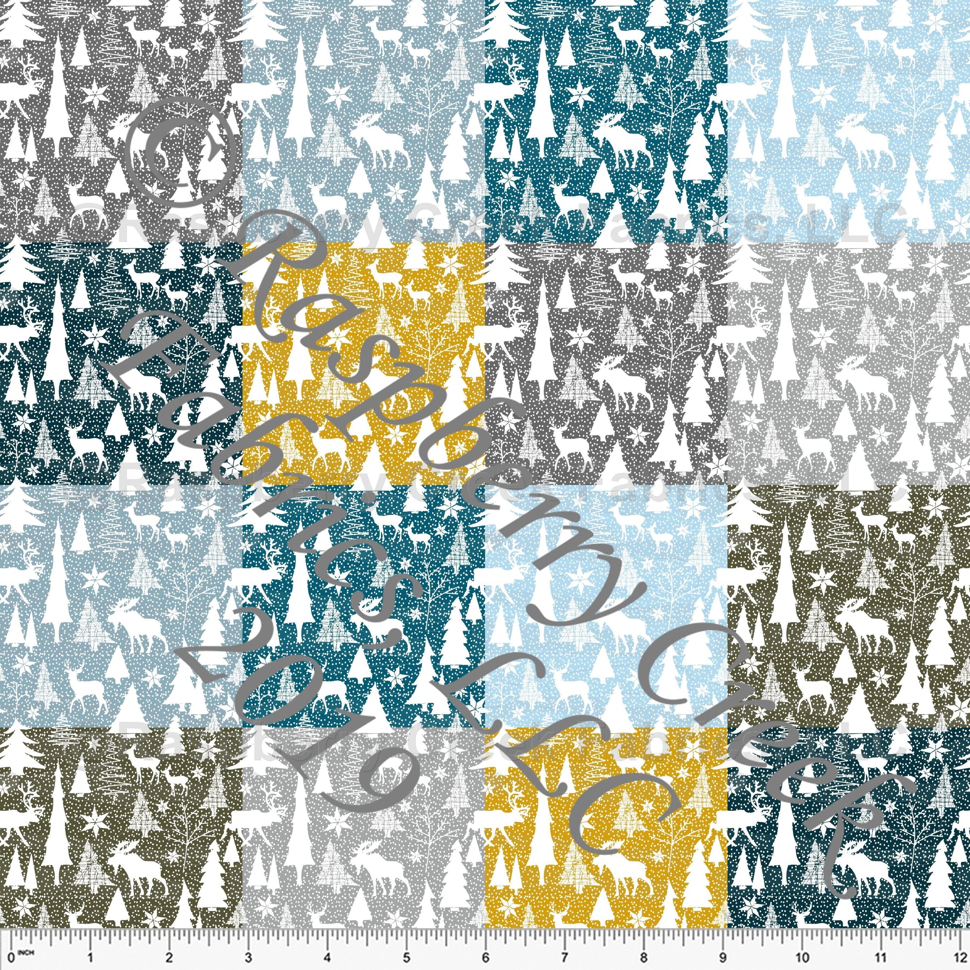 Tonal Grey Blue Teal Green and Mustard Winter Wonderland Patchwork Minky Cuddle Fabric, By Elise Peterson for CLUB Fabrics Fabric, Raspberry Creek Fabrics, watermarked