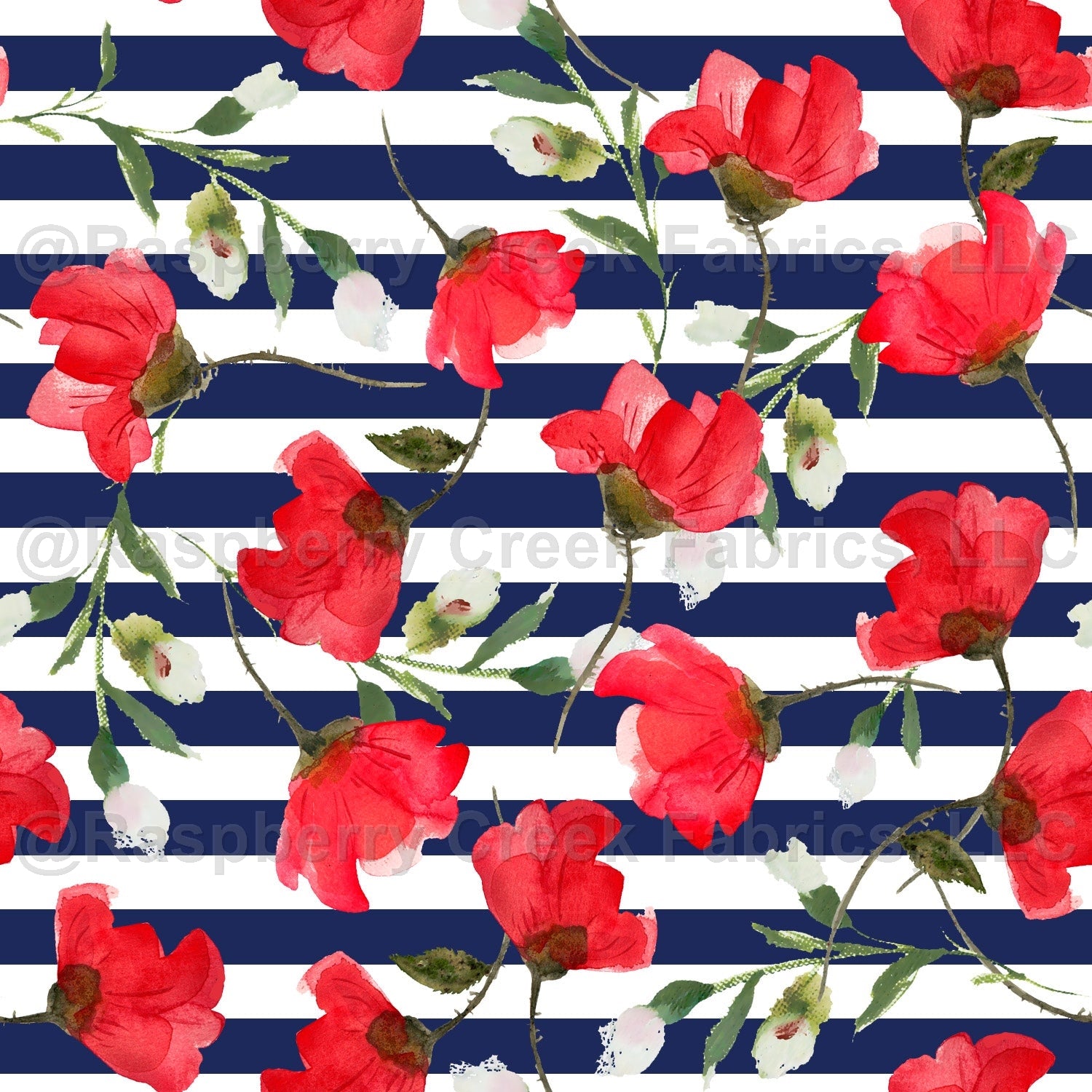 Navy Red White and Green Stripe Poppy Print Fabric Fabric, Raspberry Creek Fabrics, watermarked
