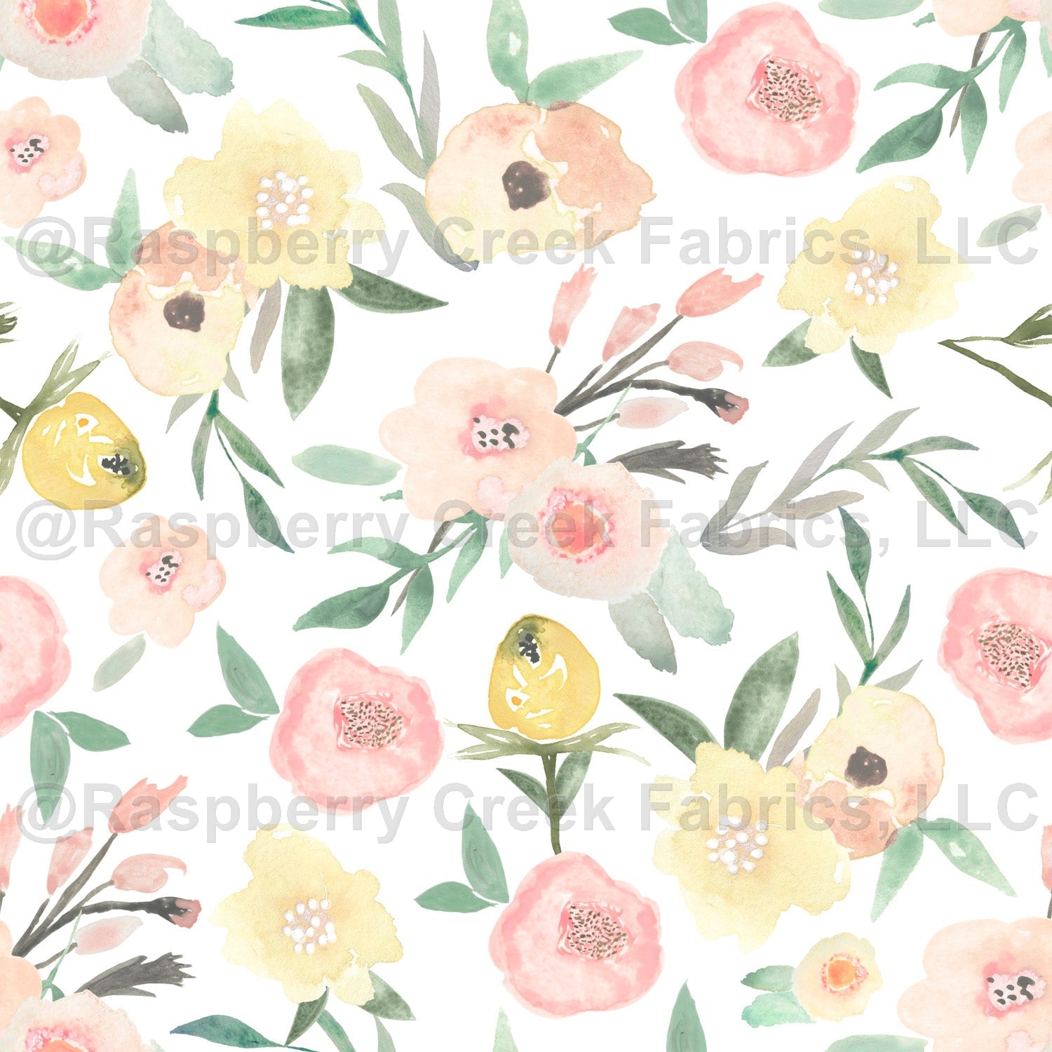Peach Yellow and Sage Watercolor Floral Print Fabric