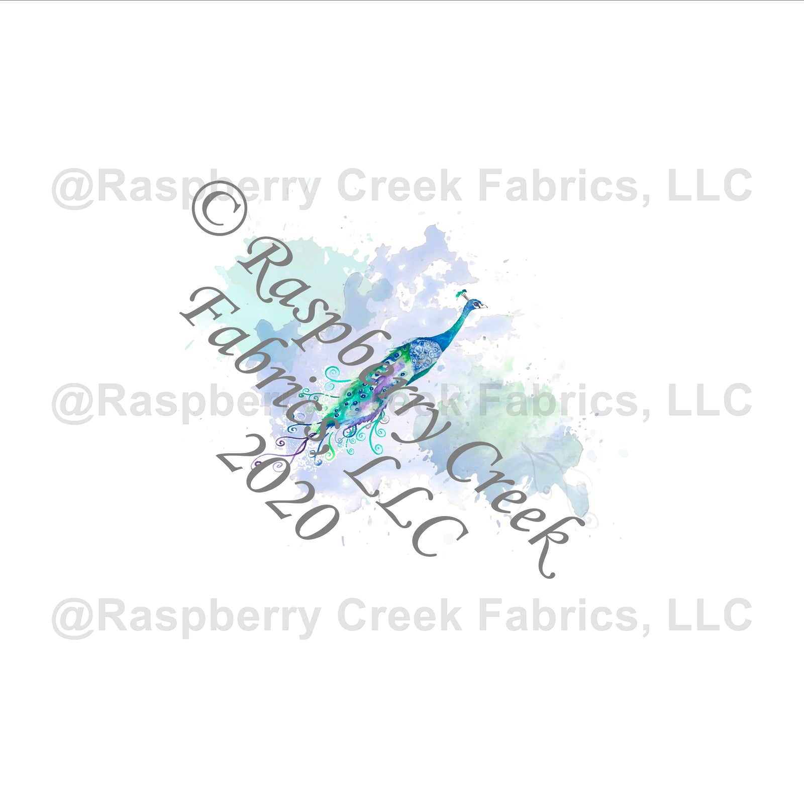 Teal Lilac and Seafoam Watercolor Peacock Panel, Watercolor Birds by Elise Peterson for Club Fabrics Fabric, Raspberry Creek Fabrics, watermarked