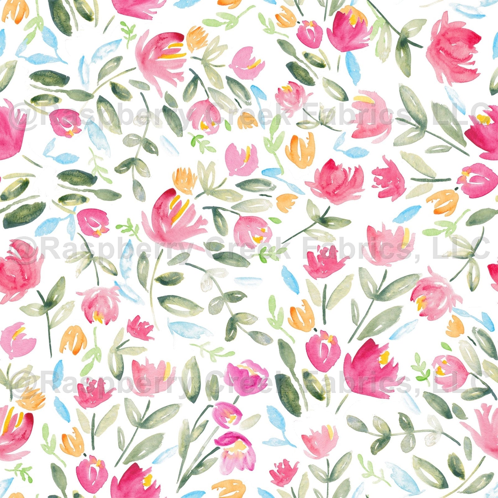 Pink Blue Green and Orange Watercolor Tulip Floral Print Fabric