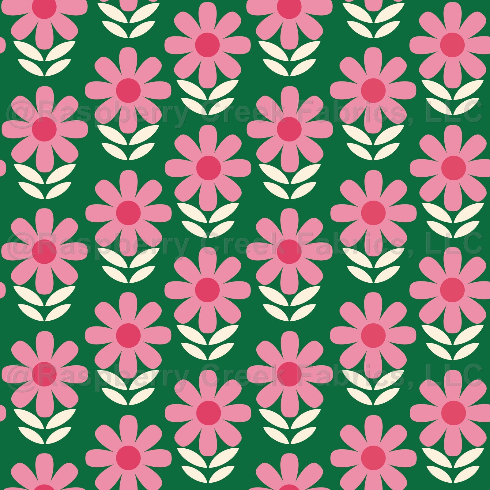 Pink Daisies on Green Fabric and Wallpaper Print by Lisa Wornham Designs, Daisies Collection