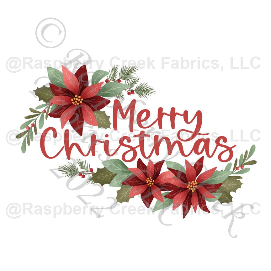 Red Burgundy Sage Green and Olive Poinsettia Merry Christmas Panel, Home for Christmas by Krystal Winn Design for CLUB Fabrics Fabric, Raspberry Creek Fabrics, watermarked