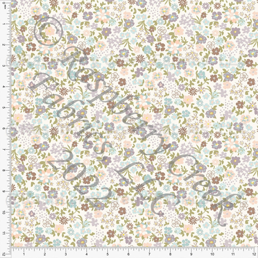 Light Blue Peach Khaki Purple and Green Muted Ditsy Floral Print Ponte De Roma Knit Fabric, CLUB Fabrics Fabric, Raspberry Creek Fabrics, watermarked