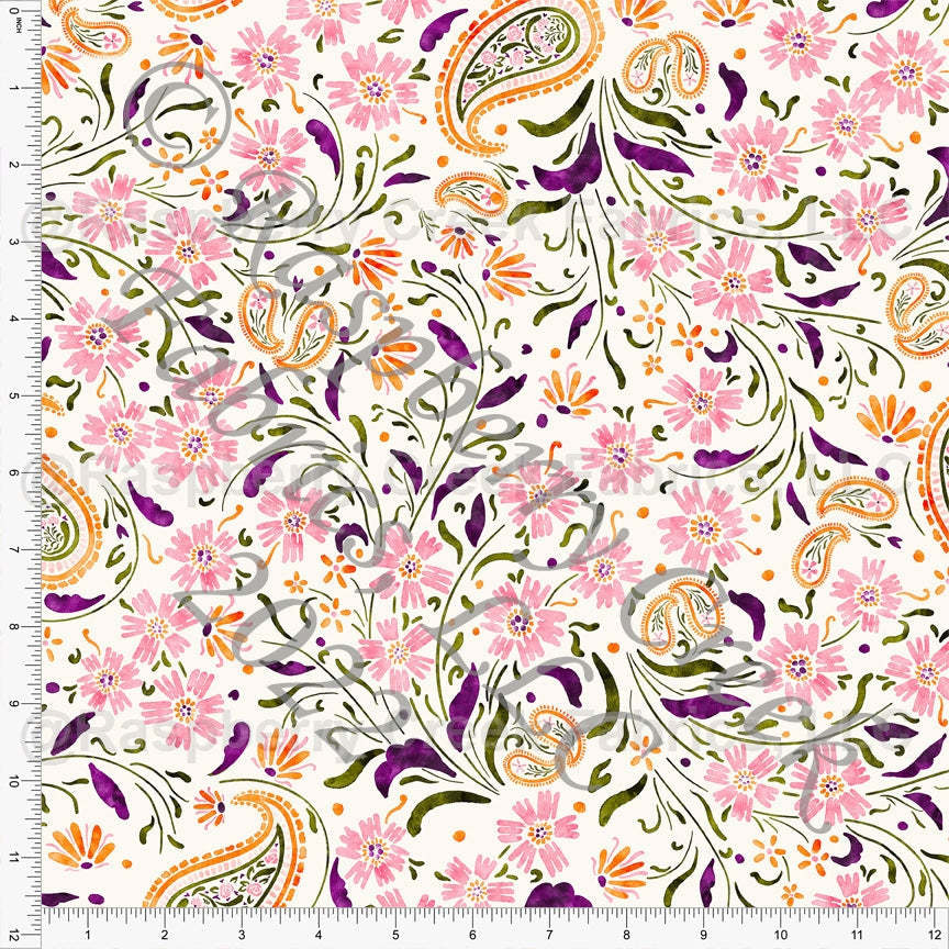 Eggplant Bight Pink Orange Green and Cream Paisley Floral Print
