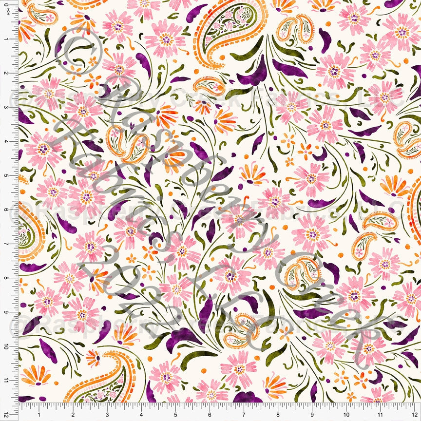 Eggplant Bight Pink Orange and Green Paisley Floral Print Ponte De Roma Knit Fabric, CLUB Fabrics Fabric, Raspberry Creek Fabrics, watermarked