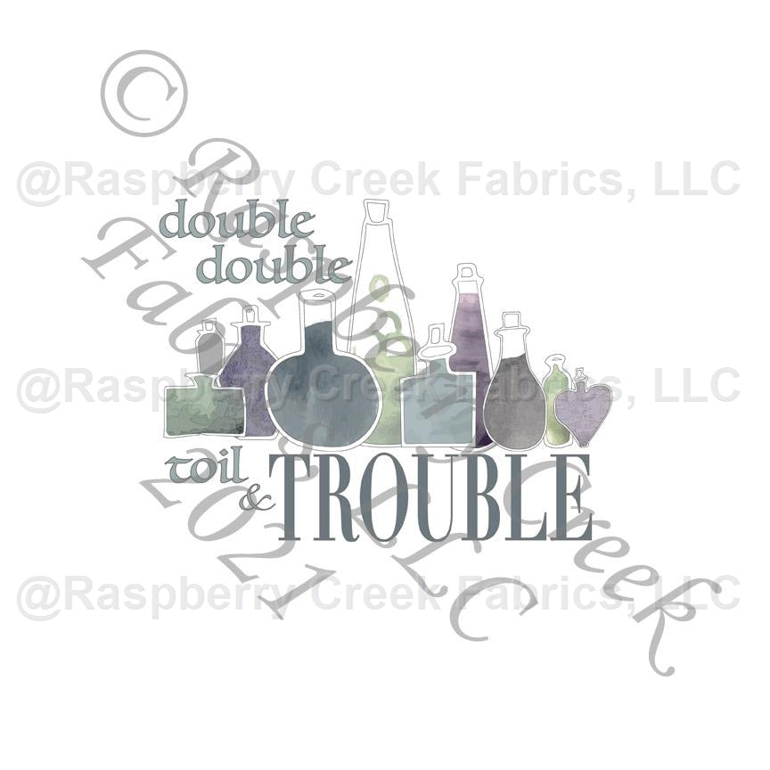 Tonal Green Purple and Grey Double Double Toil and Trouble Potion Panel, Spooks and Spells by Elise Peterson for Club Fabrics Fabric, Raspberry Creek Fabrics, watermarked