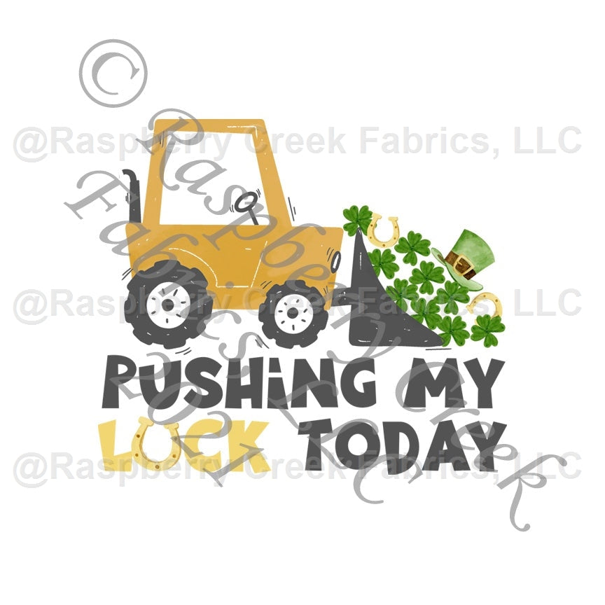 Muted Mustard Charcoal and Green Bulldozer Clover Pushing My Luck Today Panel, Luck and Shenanigans by Bri Powell for CLUB Fabrics Fabric, Raspberry Creek Fabrics, watermarked
