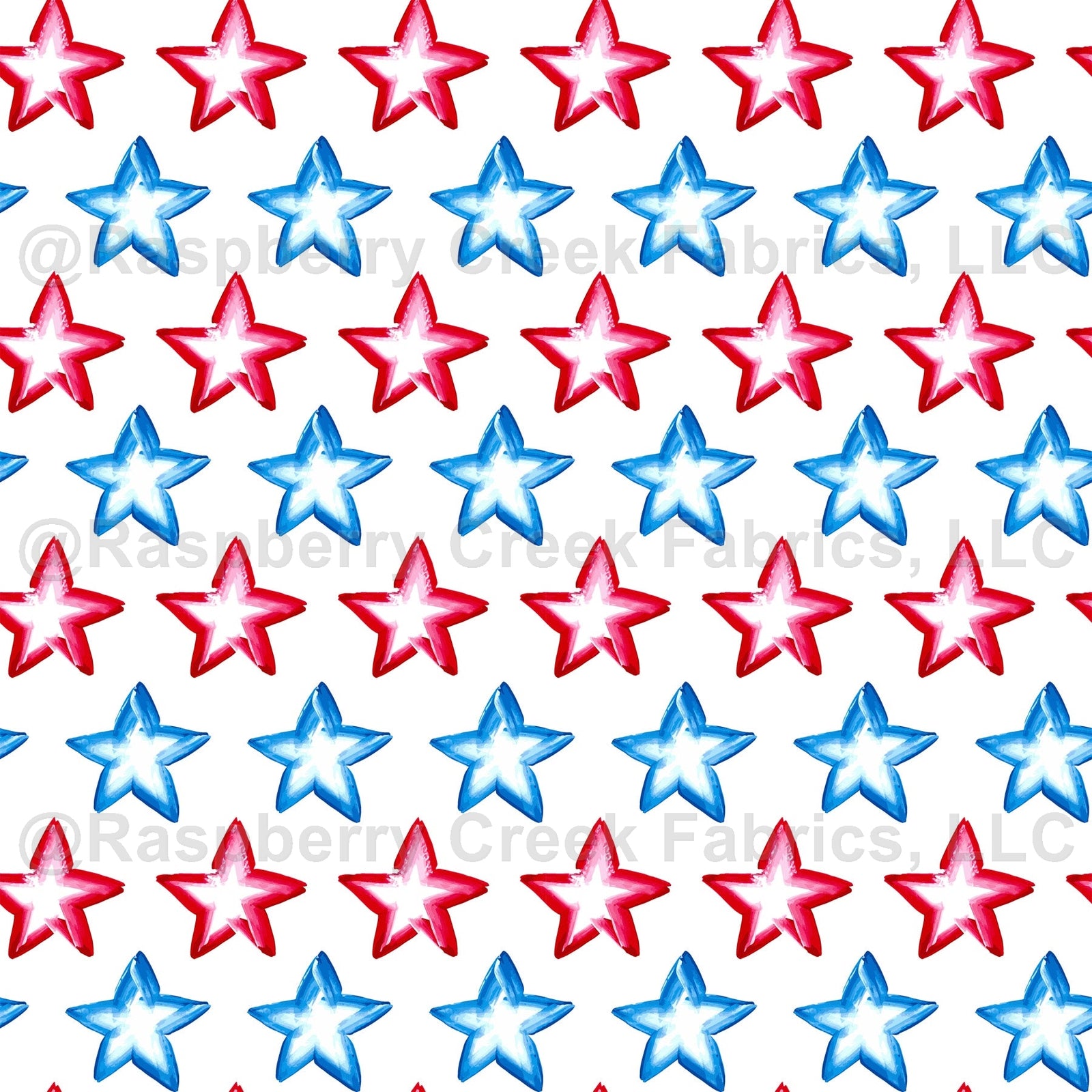Red and Royal Blue Watercolor Stars, Classic Patriotic by Elise Peterson Fabric, Raspberry Creek Fabrics, watermarked