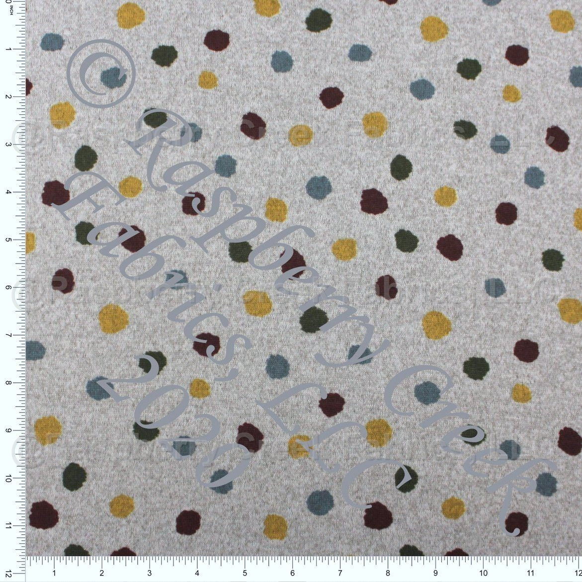 Burgundy Mustard Dusty Blue Olive and Heathered Grey Random Polka Dot Brushed Heathered Hacci Sweater Knit Fabric, CLUB Fabrics Fabric, Raspberry Creek Fabrics, watermarked