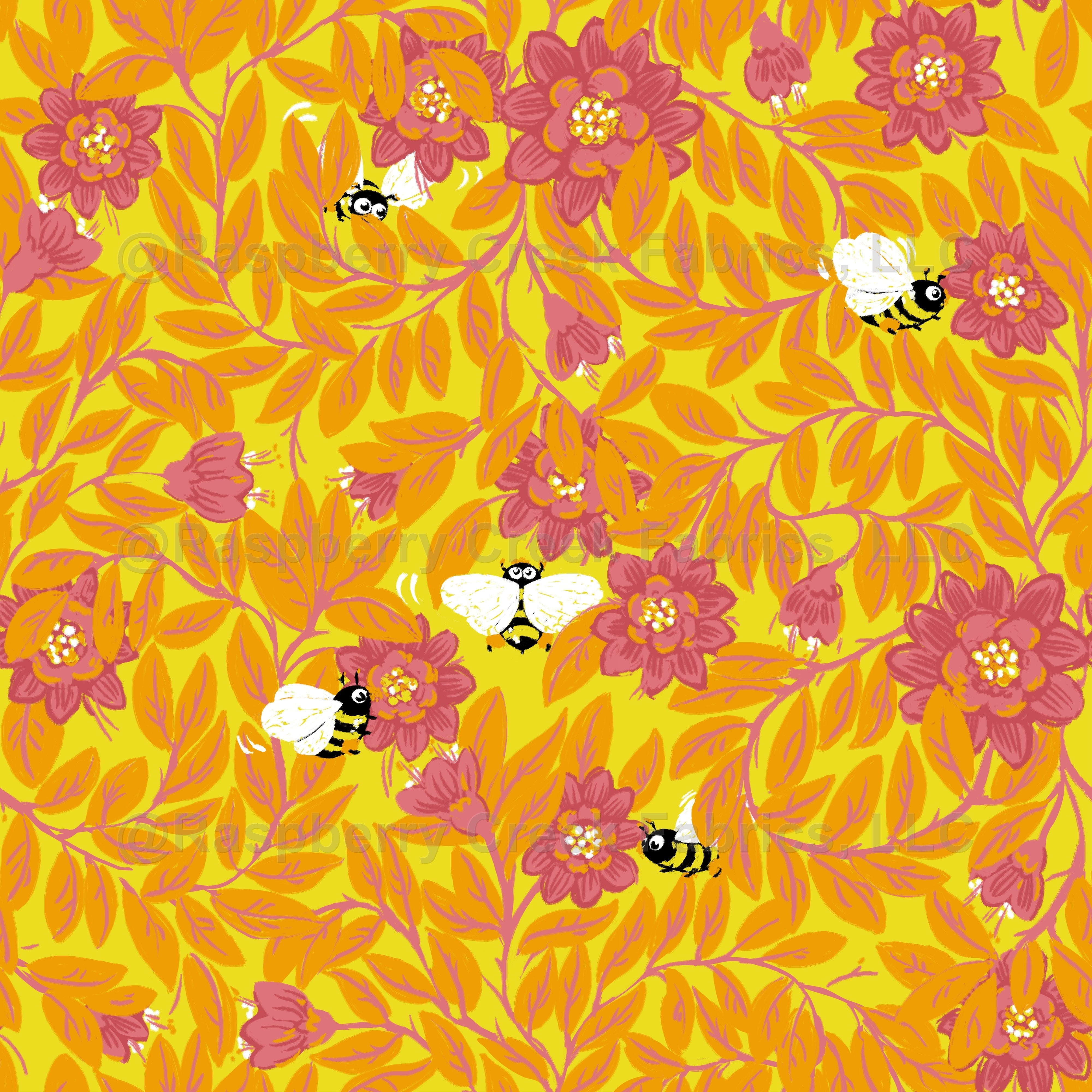 Bees and pollen, Pollinators. Fabric, Raspberry Creek Fabrics, watermarked
