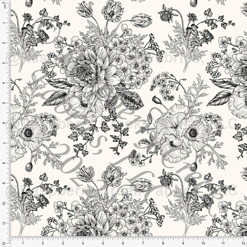 Cream and Black Bouquet Toile Floral Print Rayon Challis, CLUB Fabrics Fabric, Raspberry Creek Fabrics, watermarked