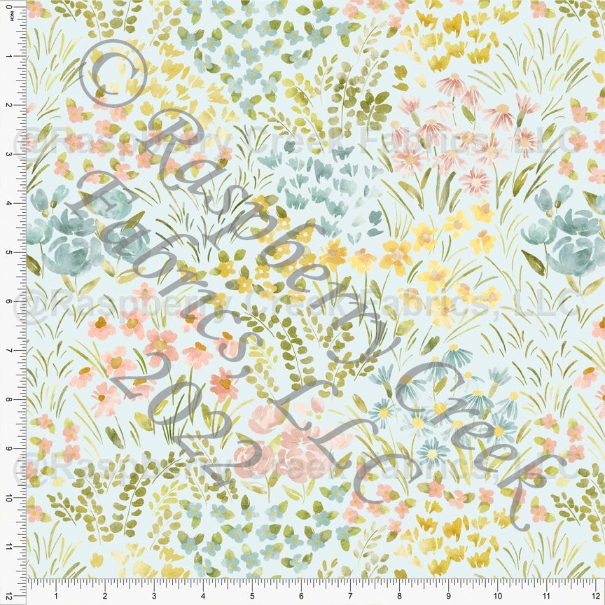 Light Mint Yellow Pink Mauve and Green Meadow Floral Print Rayon Challis, By Brittney Laidlaw for CLUB Fabrics Fabric, Raspberry Creek Fabrics, watermarked
