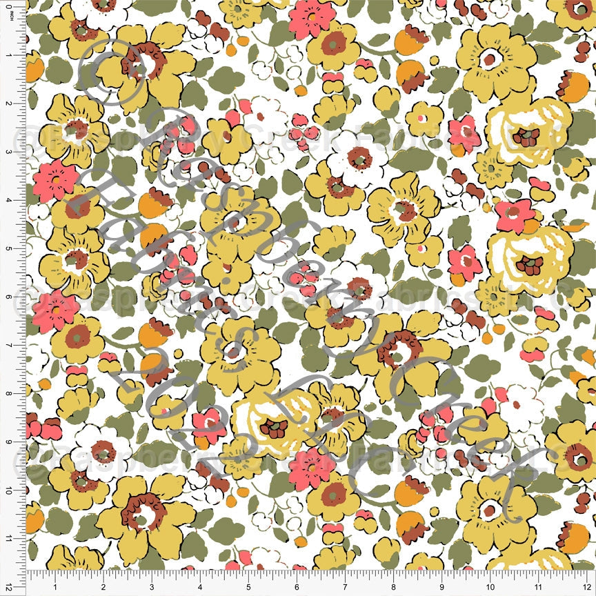 Yellow Light Olive Brown and Carmine Pink Retro Floral Print Rayon Challis, CLUB Fabrics Fabric, Raspberry Creek Fabrics, watermarked