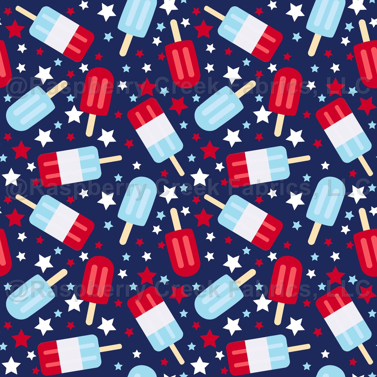 Navy Red White and Light Blue Star Popsicle Print Fabric Fabric, Raspberry Creek Fabrics, watermarked