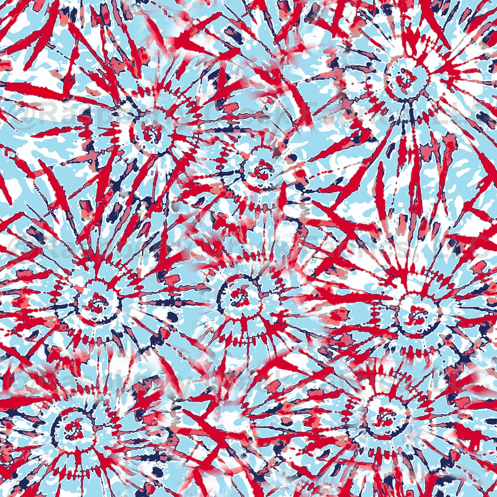Light Blue Red and Navy Patriotic Tie Dye Print Fabric Fabric, Raspberry Creek Fabrics, watermarked
