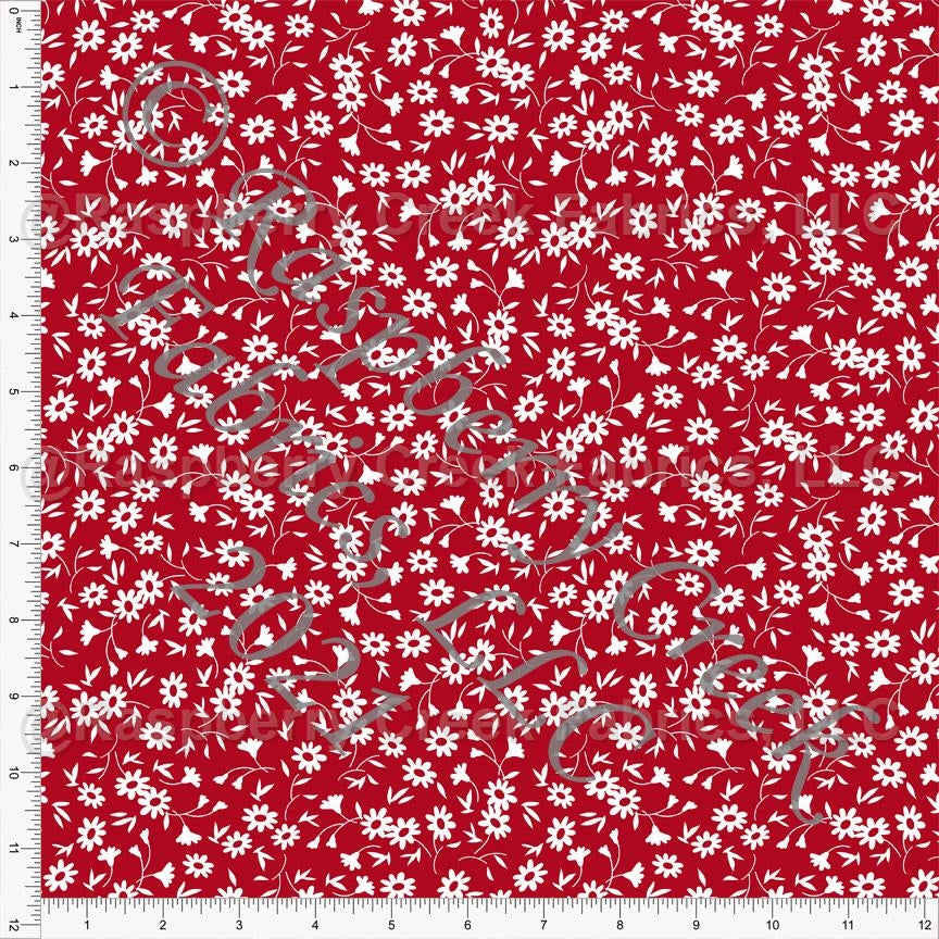 Red and White Ditzy Floral Print Stretch Crepe, CLUB Fabrics Fabric, Raspberry Creek Fabrics, watermarked