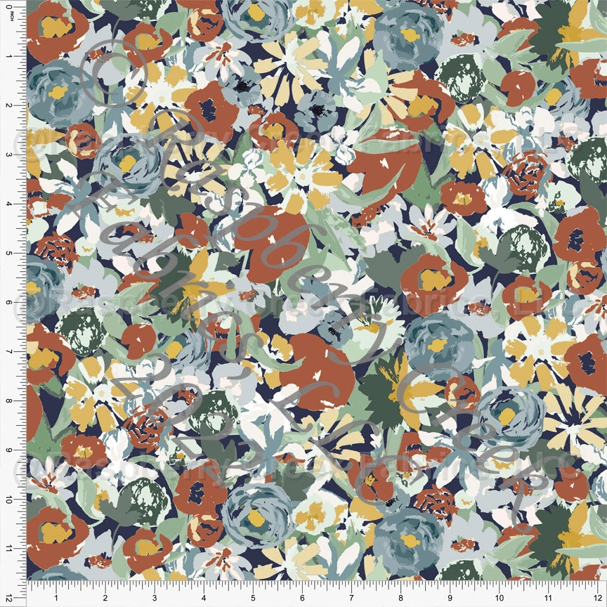 Navy Mustard Rust and Tonal Green Abstract Floral Print Stretch Crepe, CLUB Fabrics