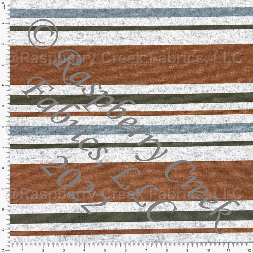 Dusty Blue Rust and Olive Green Multi Stripe Brushed Heathered Hacci Sweater Knit Fabric, CLUB Fabrics Fabric, Raspberry Creek Fabrics, watermarked