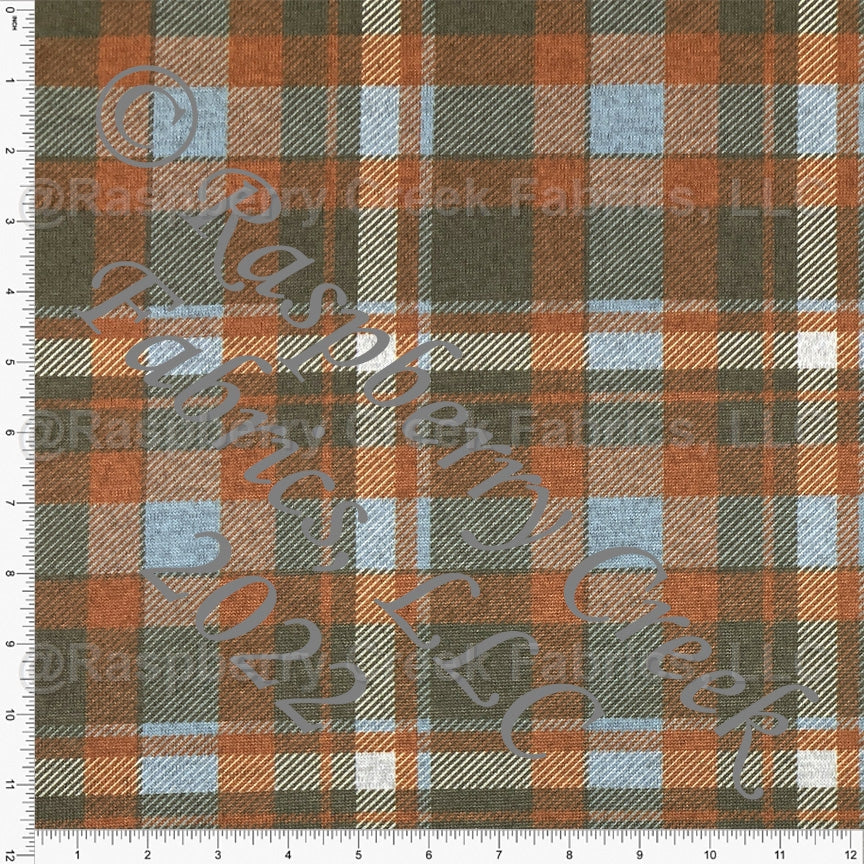Dusty Blue Rust and Olive Green Plaid Brushed Heathered Hacci Sweater Knit Fabric, CLUB Fabrics Fabric, Raspberry Creek Fabrics, watermarked