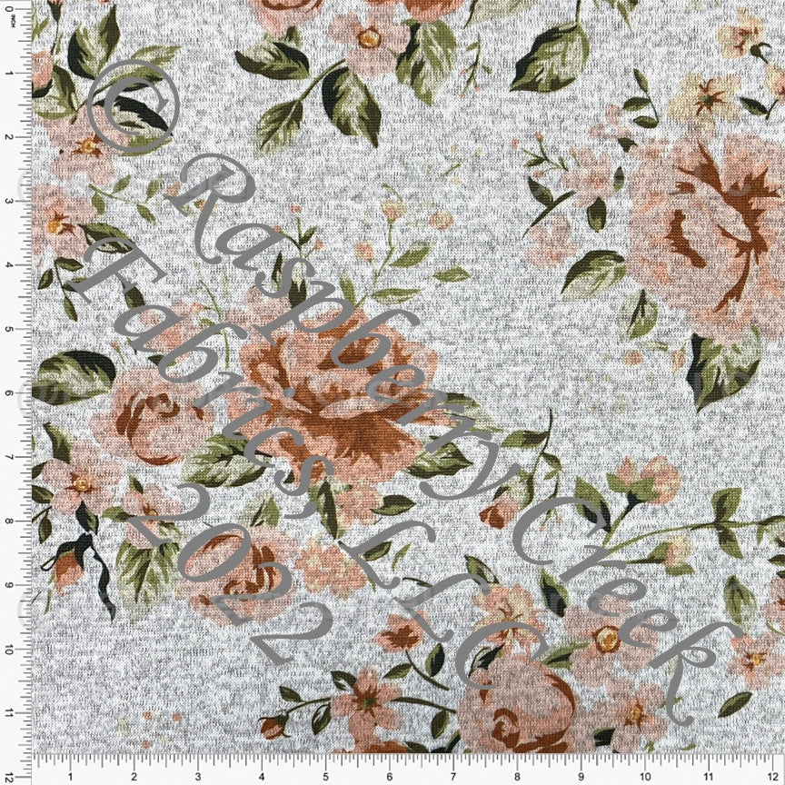 Rust Peach and Olive Green Classic Rose Floral Brushed Heathered Hacci Sweater Knit Fabric, CLUB Fabrics Fabric, Raspberry Creek Fabrics, watermarked