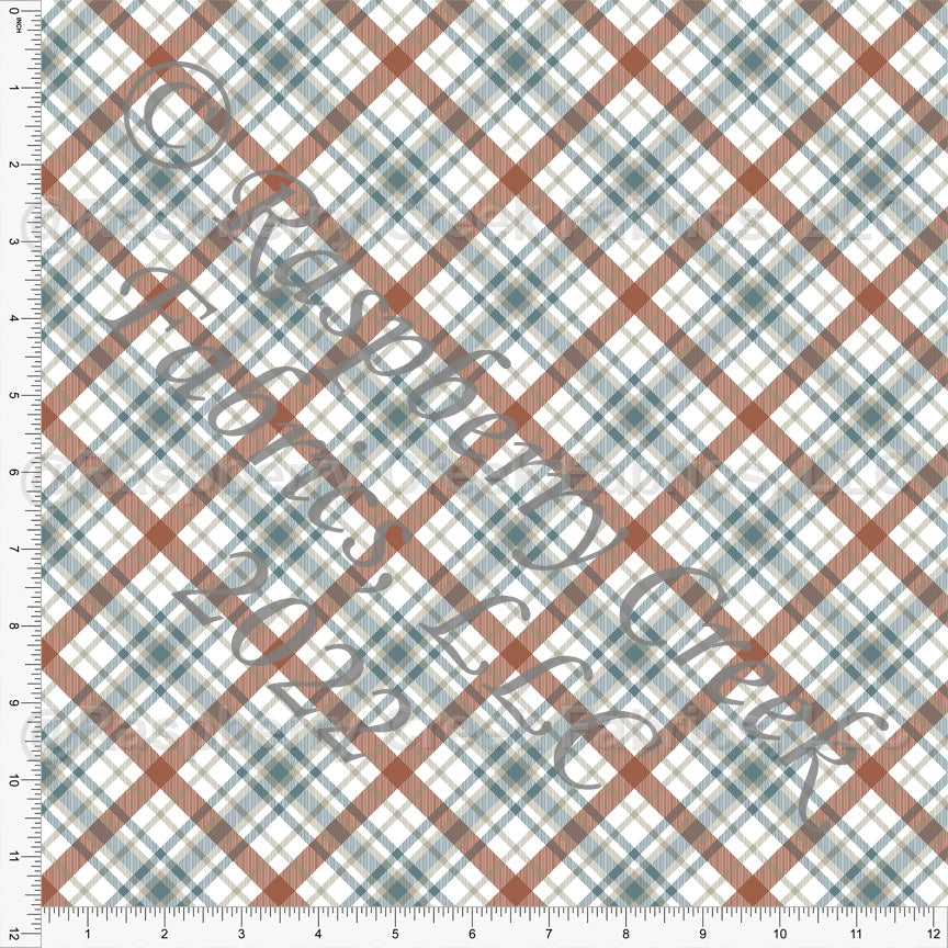 Rust Teal and Taupe Diagonal Plaid Print Ponte De Roma Knit Fabric, CLUB Fabrics Fabric, Raspberry Creek Fabrics, watermarked