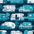 Home sweet motor home // teal and pastel blue camper vans on navy blue background Image