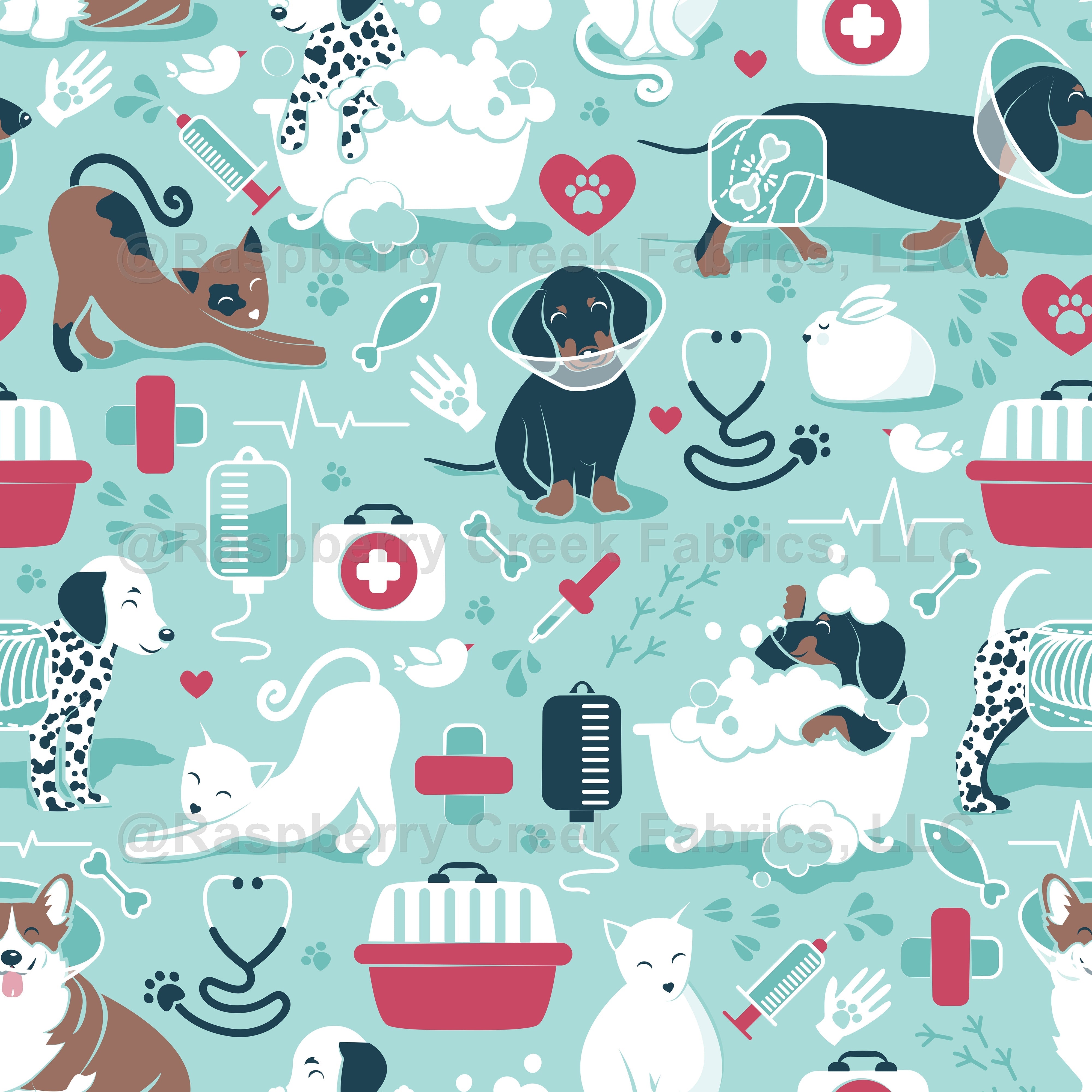 Veterinary medicine, happy and healthy friends // aqua background red details navy blue white and brown cats dogs and other animals Fabric, Raspberry Creek Fabrics, watermarked