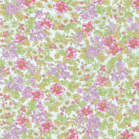 Tonal Pink Green and Yellow Daisy Sweet Floral Cotton Lawn, London Calling for Robert Kaufman Fabric, Raspberry Creek Fabrics, watermarked, restored