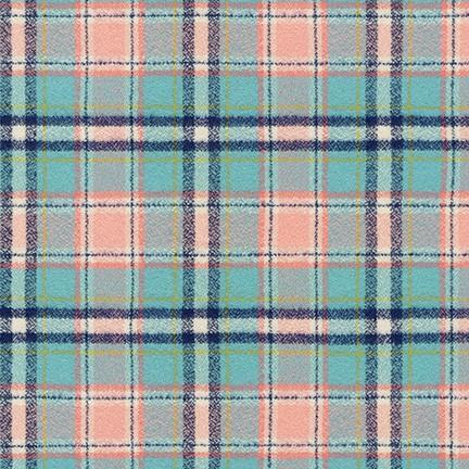 Turquoise Coral Navy and Mustard Plaid Robert Kaufman Mammoth Flannel Fabric, Raspberry Creek Fabrics, watermarked, restored