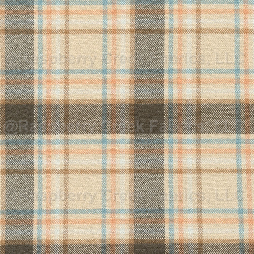 Coral Light Blue Brown and Tan Plaid Tahoe Flannel by Robert Kaufman Fabric, Raspberry Creek Fabrics, watermarked