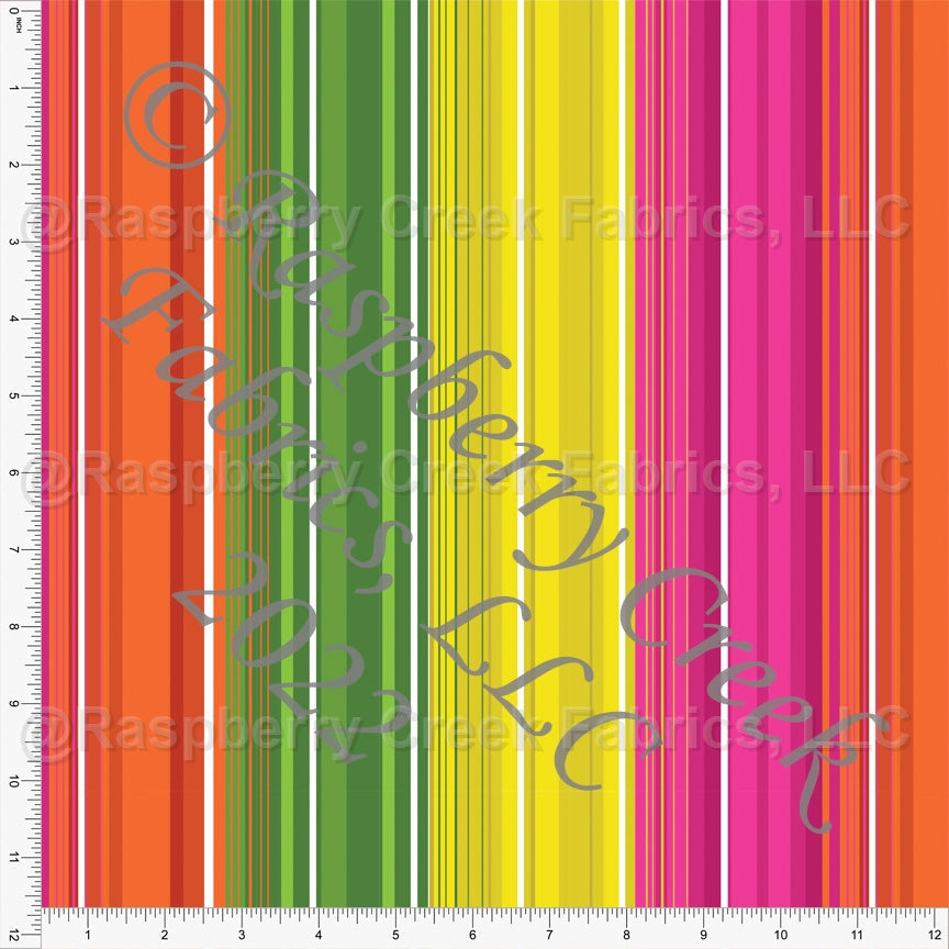 Bright Green Yellow Pink and Orange Vertical Serape Stripe Print Fabric, Safety By Kelsey Shaw for CLUB Fabrics Fabric, Raspberry Creek Fabrics, watermarked