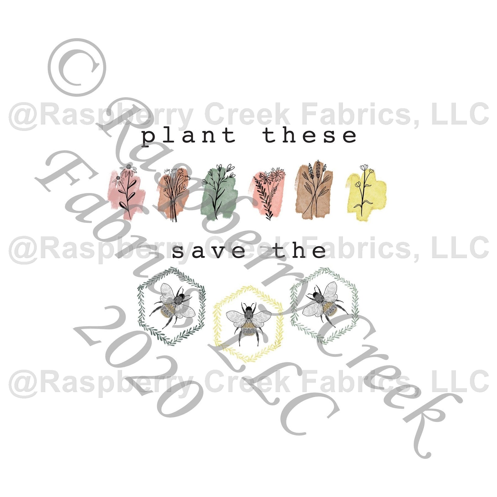 Tonal Coral Dusty Pink Sage Yellow and Brown Plant These Save The Bees Panel, Save The Bees by Kelsey Shaw for Club Fabrics Fabric, Raspberry Creek Fabrics, watermarked