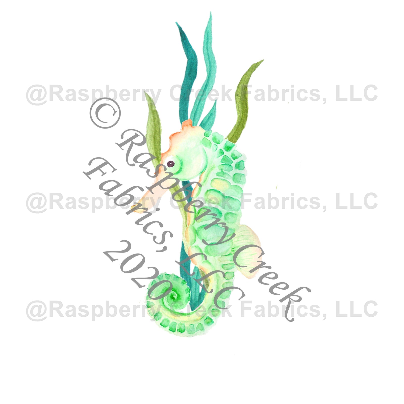 Teal Green Yellow and Orange Seahorse Seaweed Panel, Under The Sea for Club Fabrics Fabric, Raspberry Creek Fabrics, watermarked