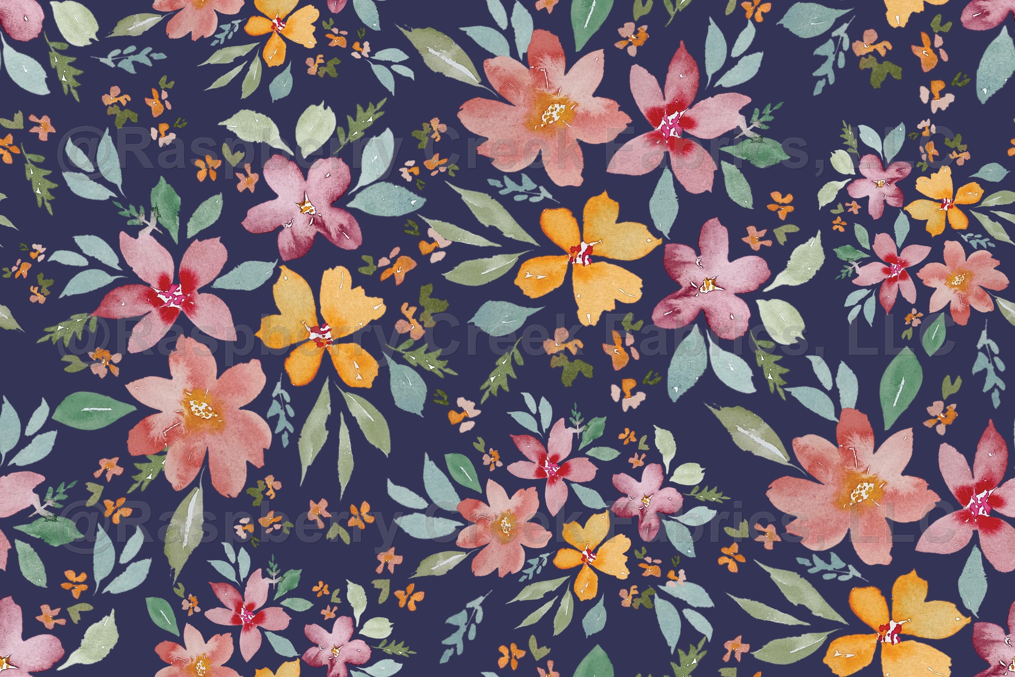 Juno Collection - Secret Garden - Navy - watercolor floral Fabric, Raspberry Creek Fabrics, watermarked